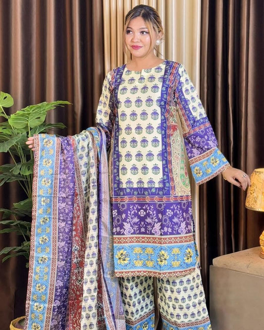 Digital Print Three Piece Set – Sensitic Silk with Dupatta | Stylish & Comfortable
